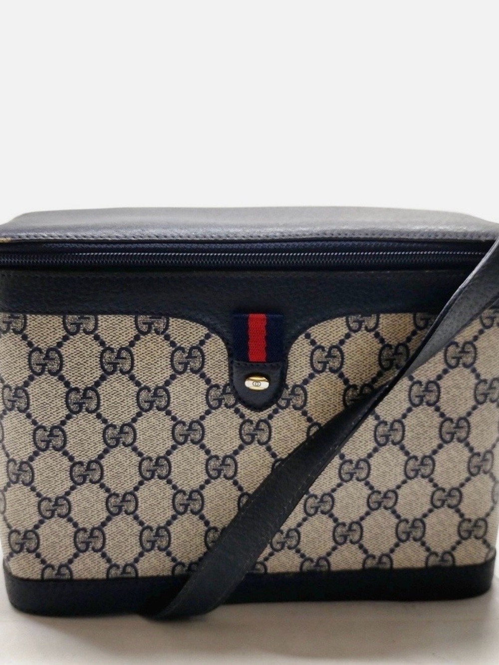 Gucci Beige GG Supreme Canvas Messenger Bag with Navy Trim and Red-Blue Web